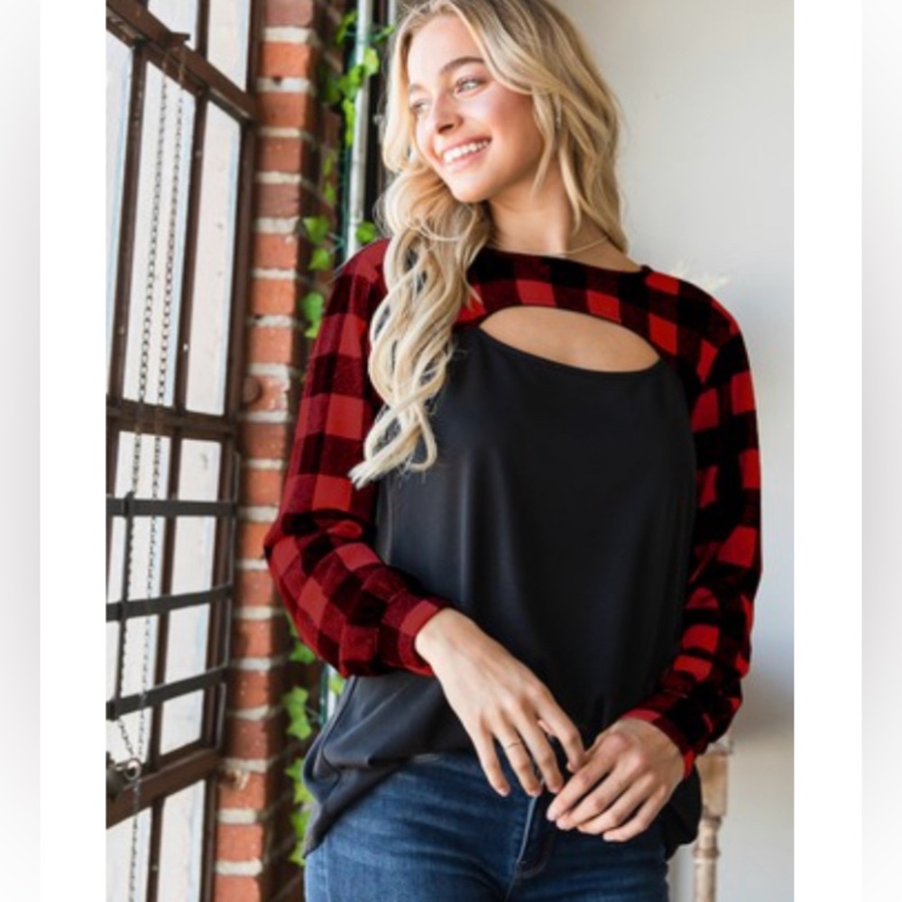 Plaid Top Detail Long Sleeve Top